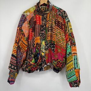 Vintage We Bebop Multicolor Patchwork Rayon Button Up Bomber Jacket Large